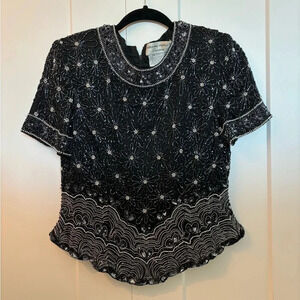 Papell Boutique Evening, Silk Beaded Black Blouse, Size 10
